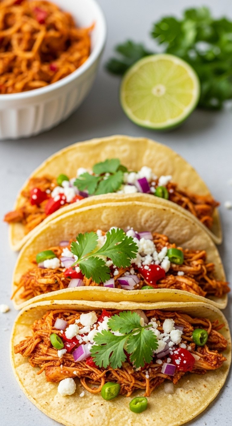 street style chicken tacos with cilantro onion and cotija cheese served with lime for easy crockpot dump and go dinner