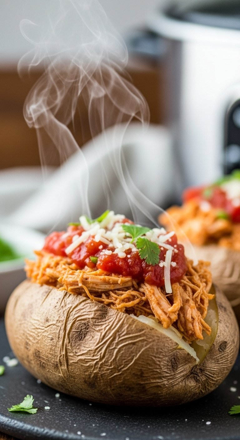 stuffed baked potato with shredded salsa chicken and cheese steaming hot for easy crockpot dump and go dinner