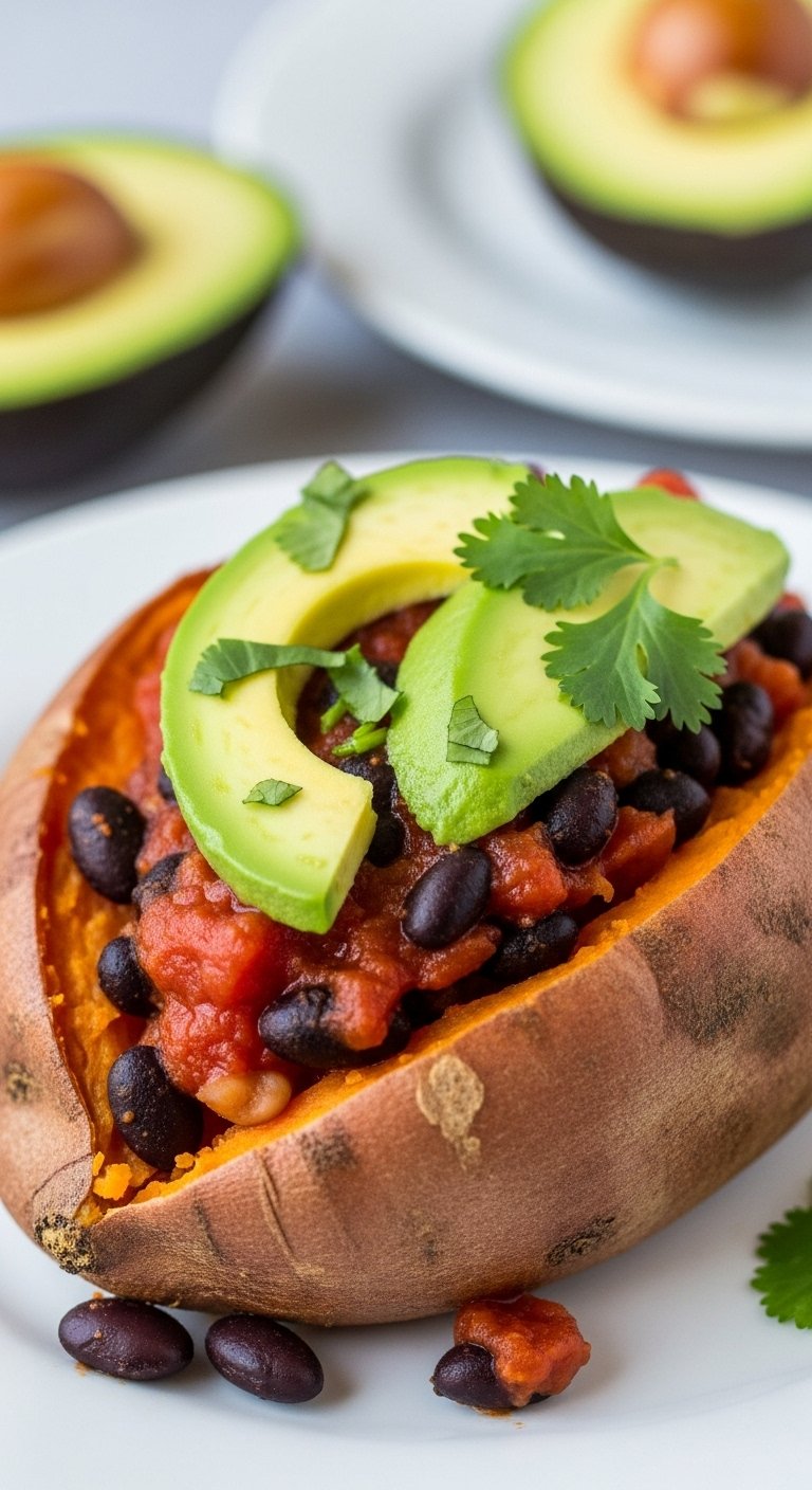 stuffed sweet potato with black beans salsa avocado and cilantro fresh healthy crockpot dump and go dinner