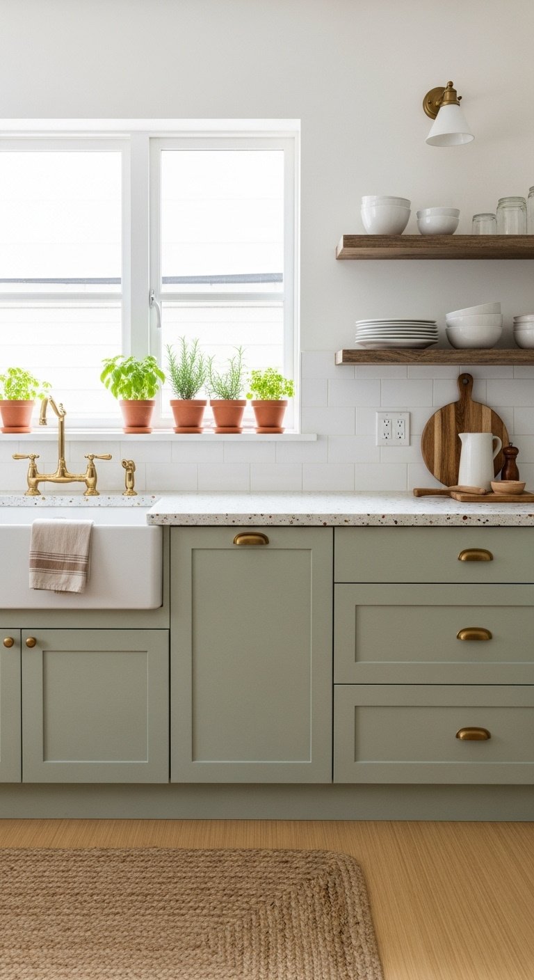 sustainable earthy neutrals sage green cabinets terrazzo countertop reclaimed wood open shelves terracotta pots fresh herbs 8k high resolution modern kitchen