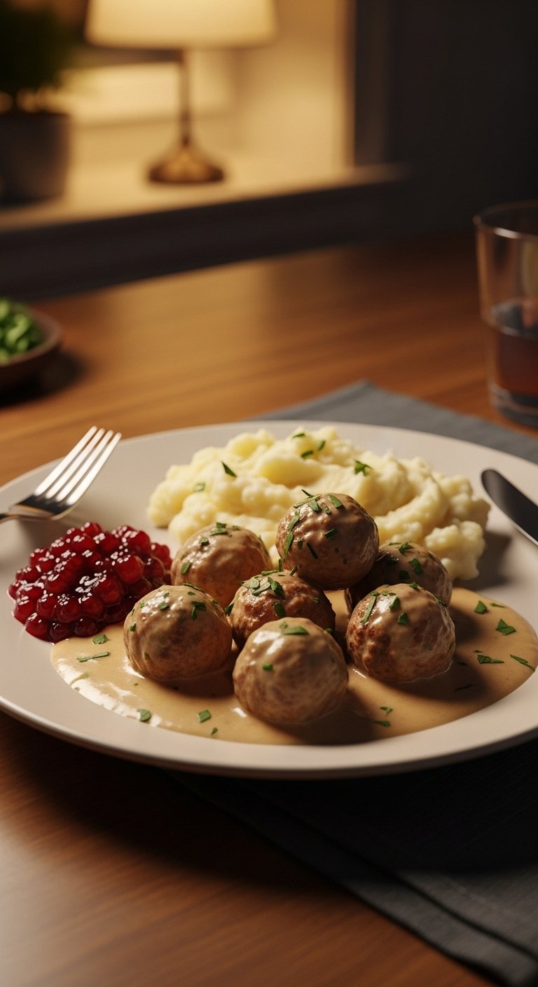 swedish-meatballs-with-creamy-sauce-mashed-potatoes-and-lingonberry-jam