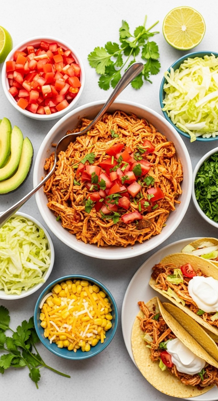 taco bar with shredded salsa chicken and colorful toppings for easy crockpot dump and go dinner