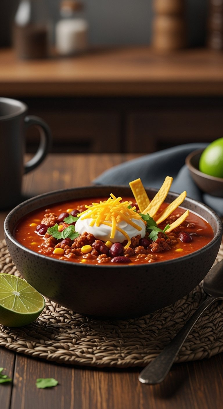 taco soup in rustic bowl with ground beef beans corn sour cream cheddar cheese tortilla strips on woven placemat