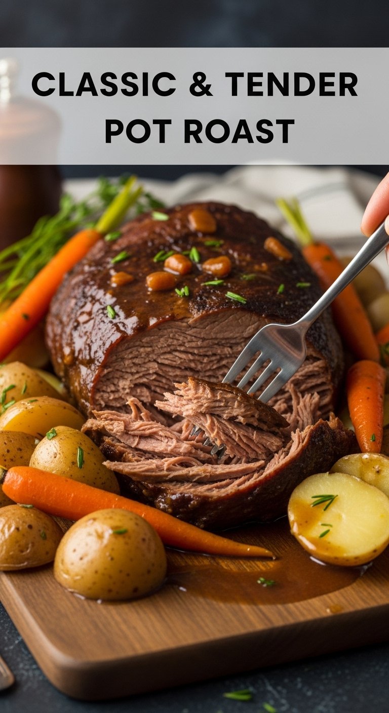 tender pot roast with carrots potatoes and gravy