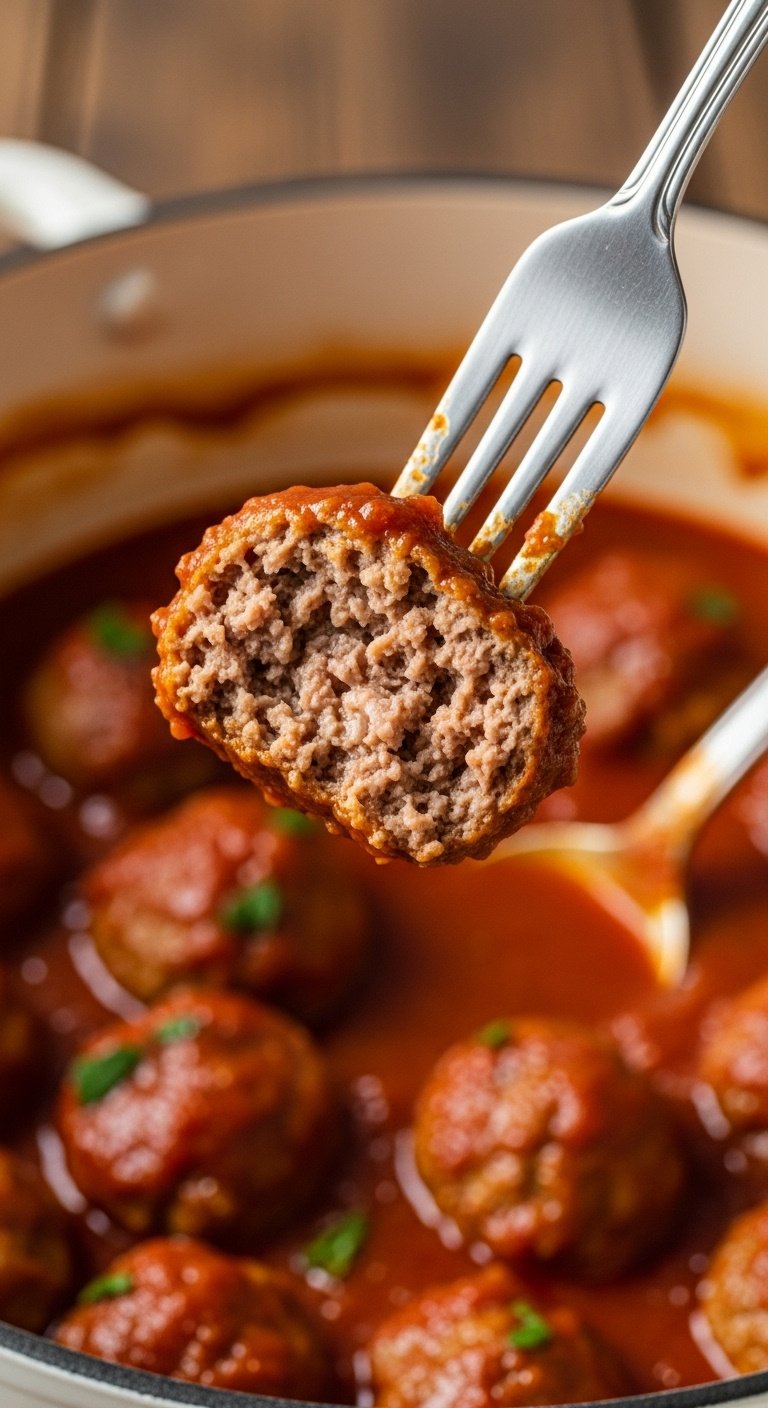 tender-slow-cooker-meatball-in-tomato-sausage-sauce-with-fork
