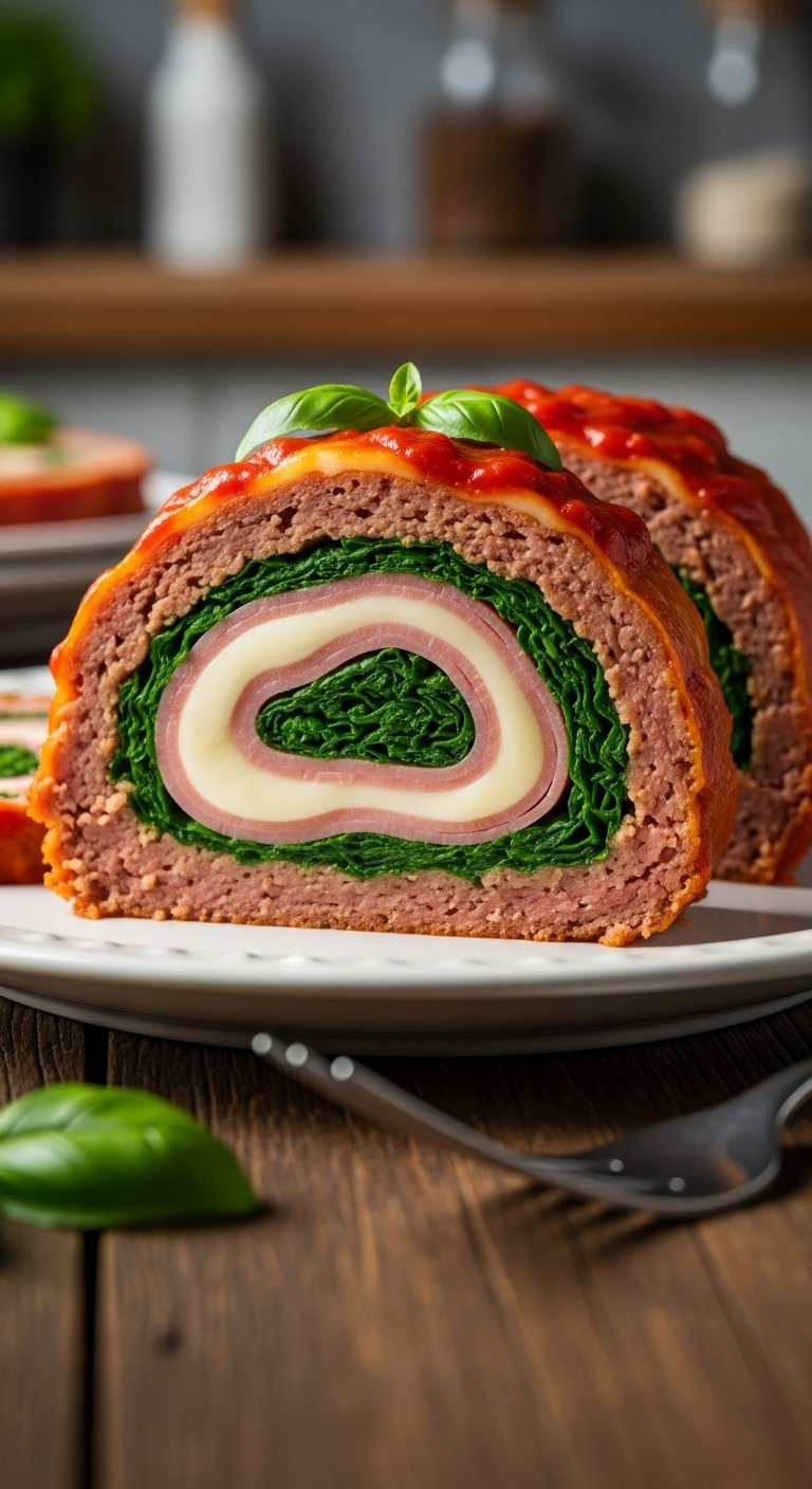 thick slice of ultimate italian stuffed meatloaf with mozzarella spinach ham and tomato sauce on white plate