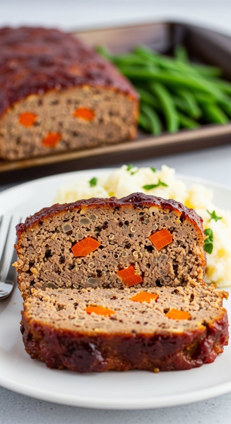 turkey-and-quinoa-meatloaf-slice-with-carrot-glaze-mashed-potatoes-green-beans