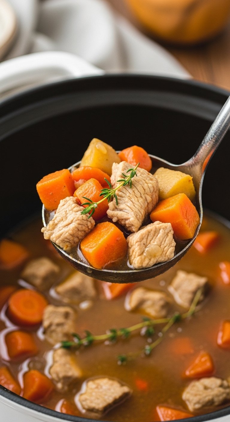 turkey-and-sweet-potato-stew-in-dutch-oven-ladle-scooping-thyme