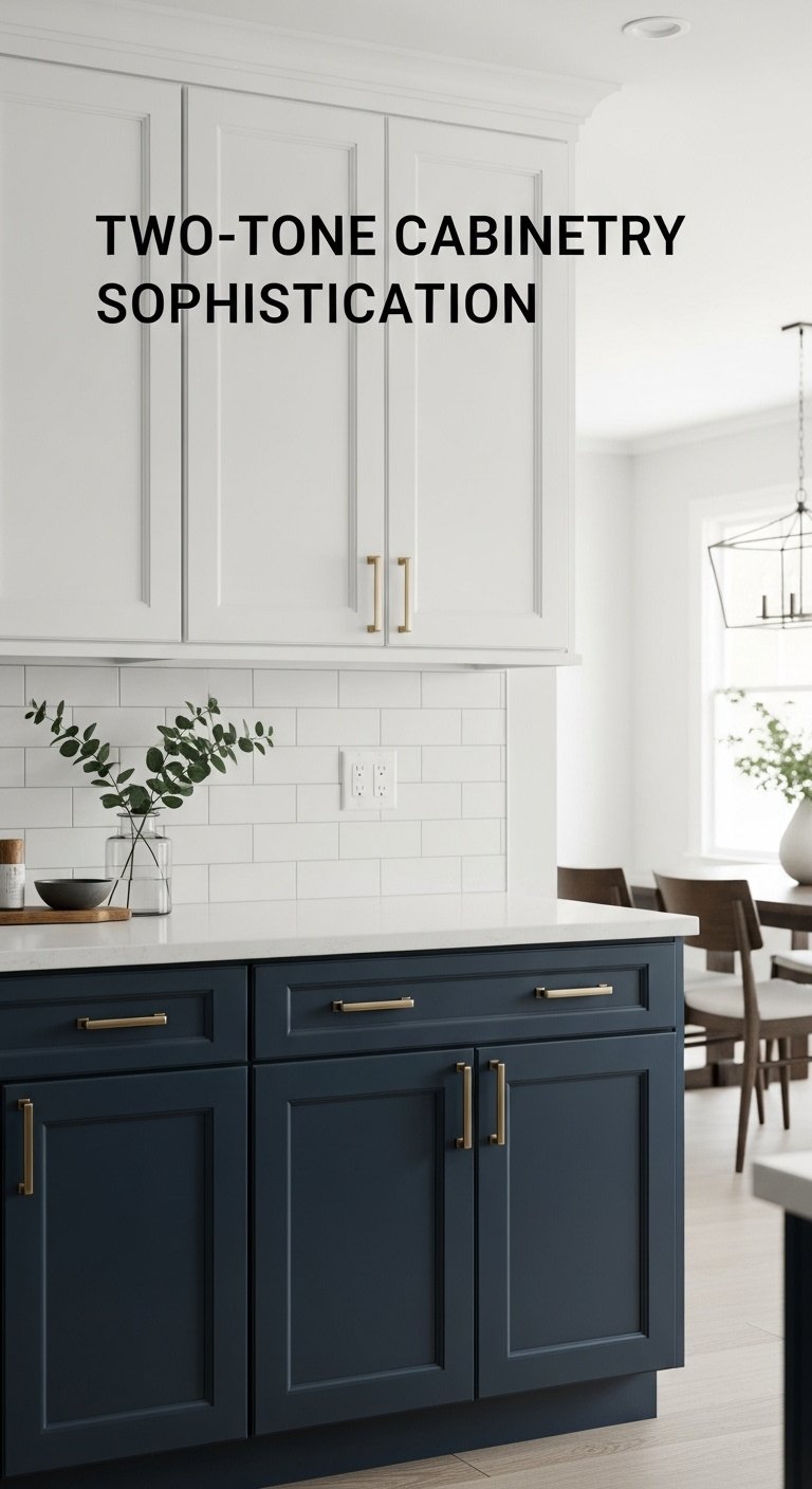 two-tone cabinetry navy blue white modern kitchen quartz countertop brushed brass handles 8k high resolution minimalist design