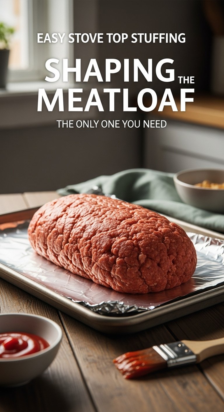 uncooked rustic shaped meatloaf on foil-lined baking sheet with ketchup glaze bowl nearby