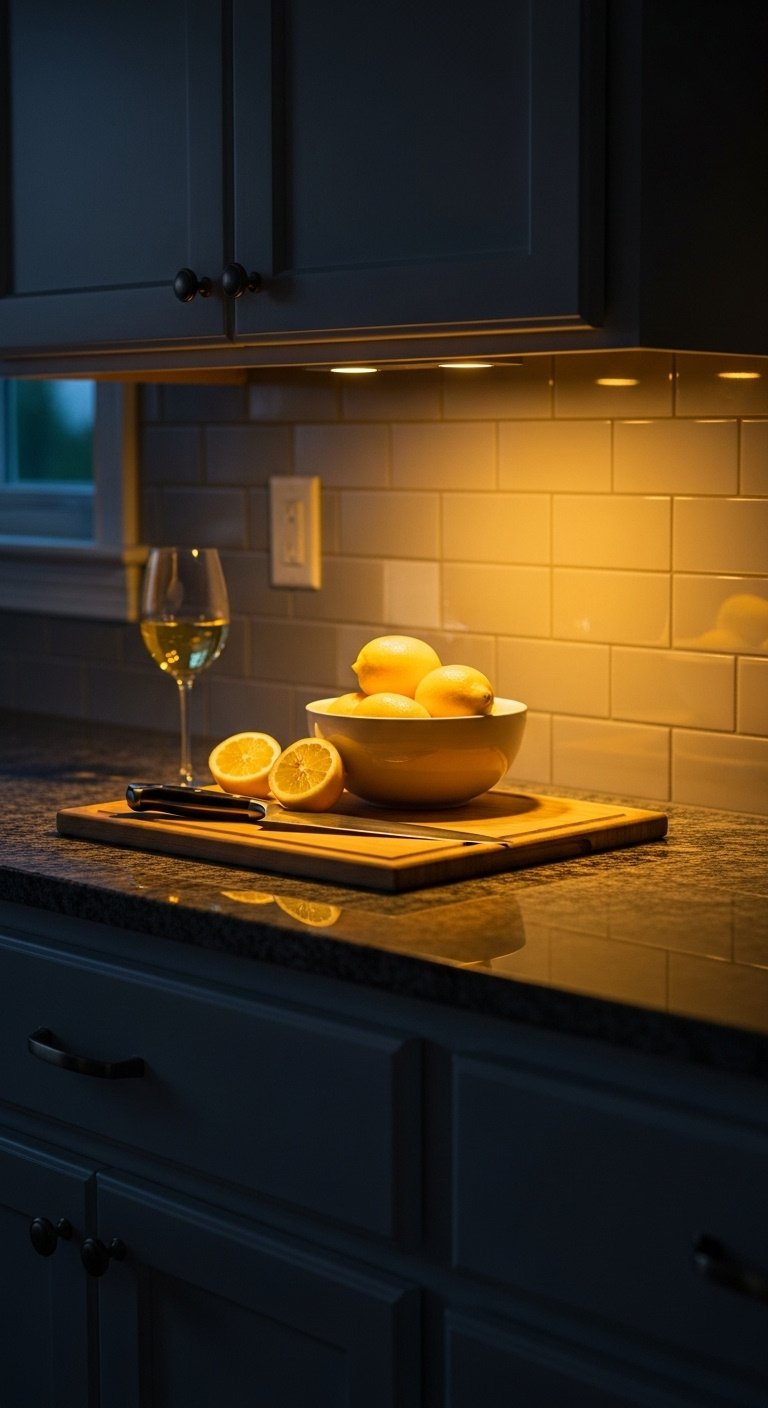 undercabinet-lighting-granite-countertop-lemon-bowl-chefs-knife
