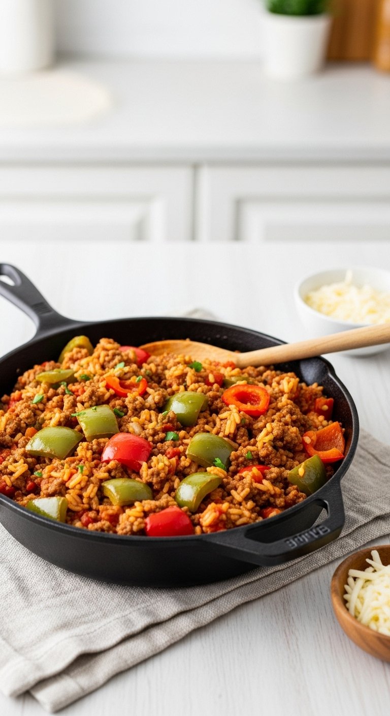unstuffed pepper skillet with ground beef rice bell peppers and tomato sauce in cast iron skillet with mozzarella cheese on linen napkin