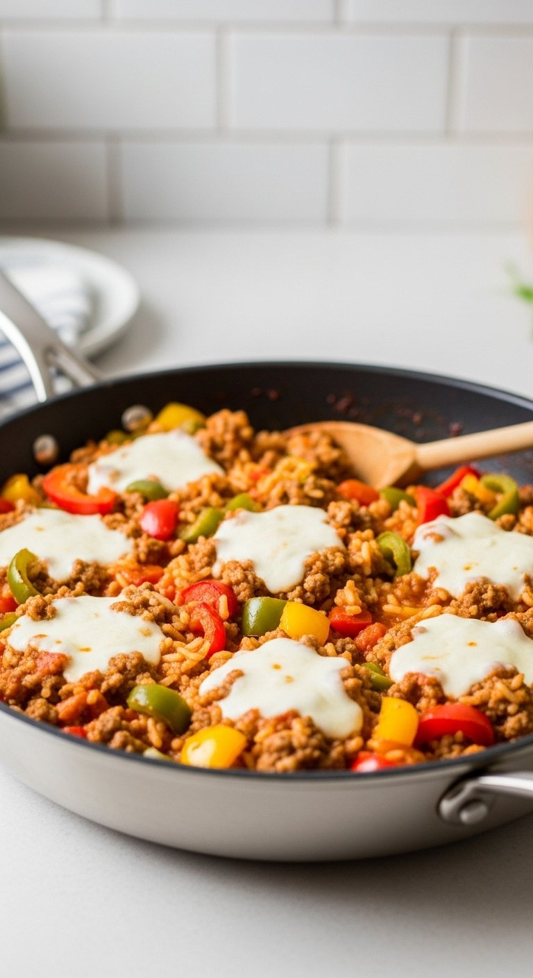 unstuffed peppers skillet with ground beef rice bell peppers and melted mozzarella cheese