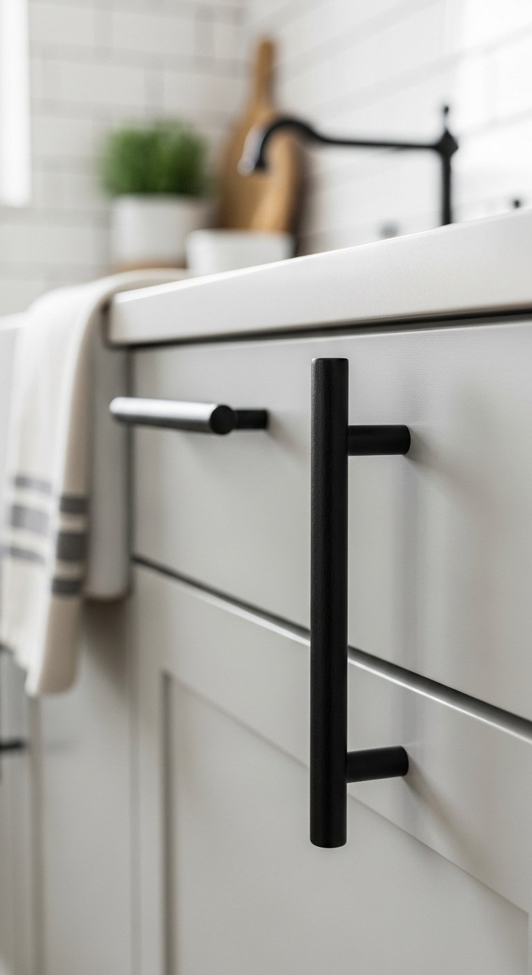 updating-cabinet-hardware-matte-black-pull-light-gray-cabinet-drawer