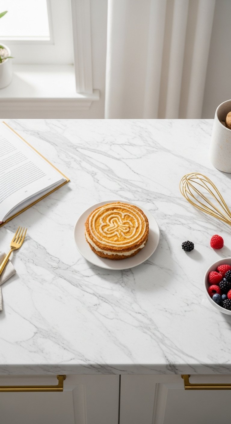 updating-countertops-affordably-marble-look-contact-paper-open-cookbook-gold-whisk-berries