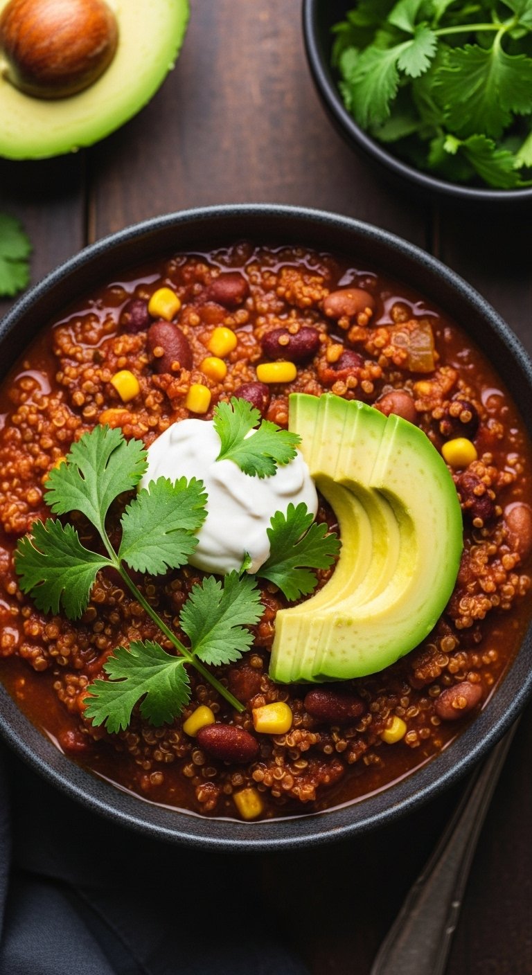 vegan quinoa chili avocado crema cilantro rustic bowl hearty meal