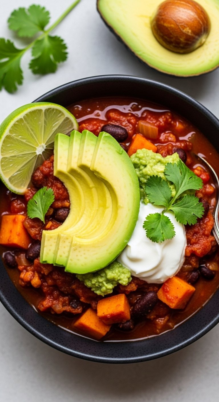 vegetarian chili with avocado greek yogurt and cilantro in ceramic bowl for easy crockpot dump and go dinner