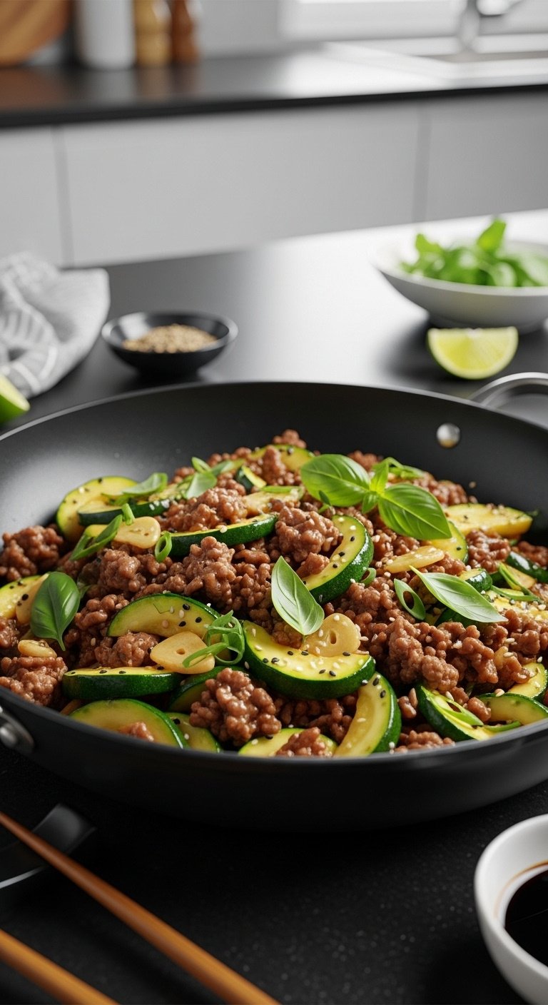 vibrant-freshly-cooked-ground-beef-and-zucchini-stir-fry-garlic-ginger-Asian-sauce-basil-chopsticks-soy-sauce