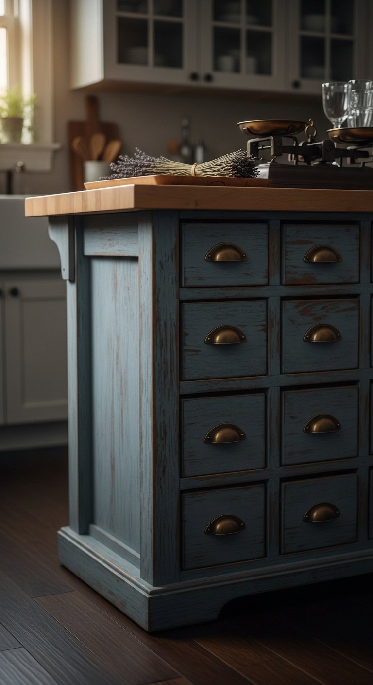 vintage apothecary cabinet kitchen island distressed light blue butcher block antique brass cup pulls dried lavender high resolution 8K warm eclectic design