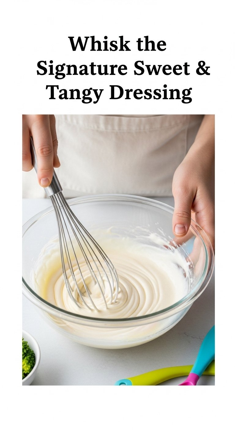 whisking creamy mayonnaise dressing for chicken salad chick broccoli salad in glass bowl with motion visible