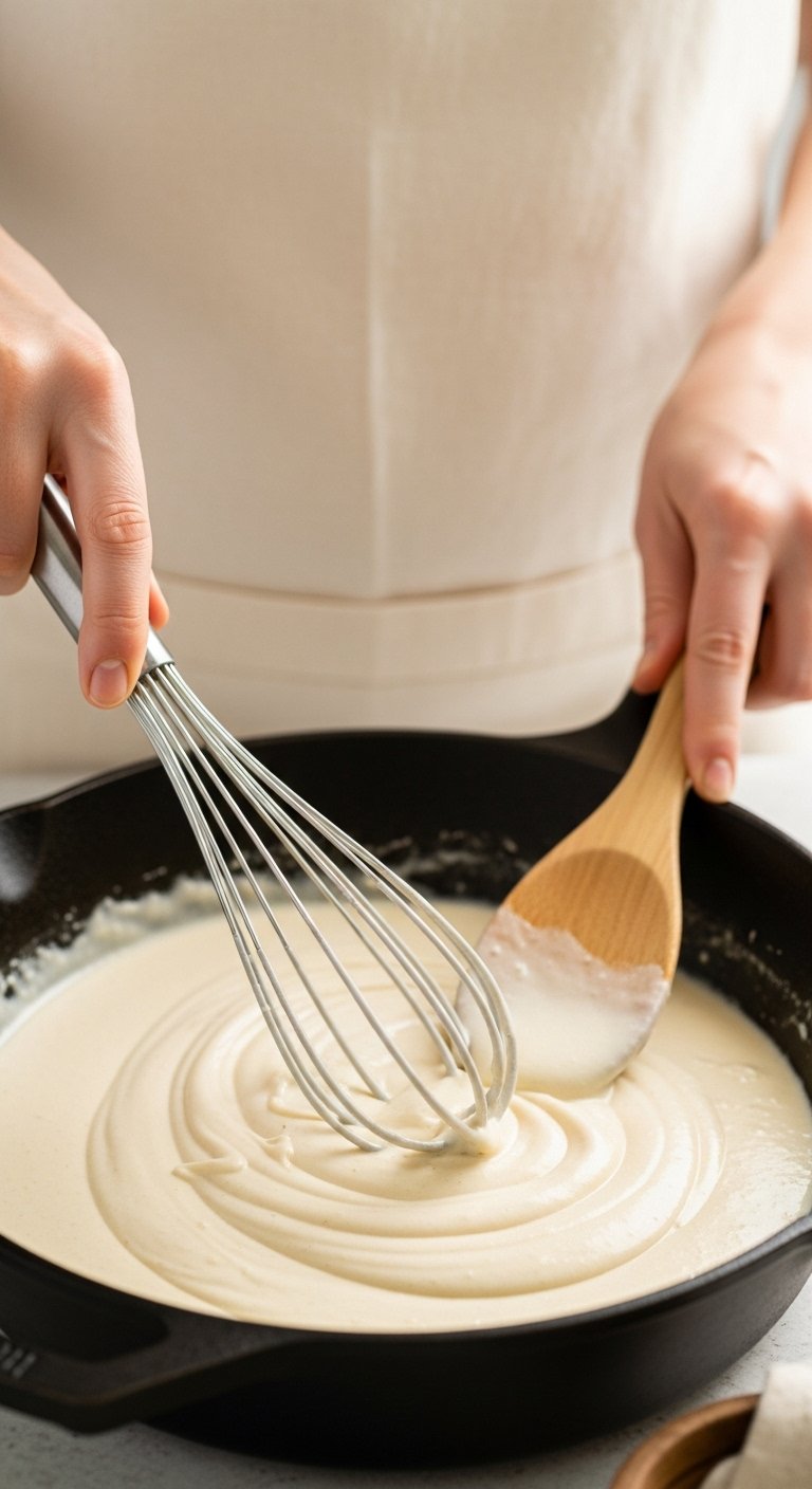 whisking-velvety-cream-sauce-in-cast-iron-skillet