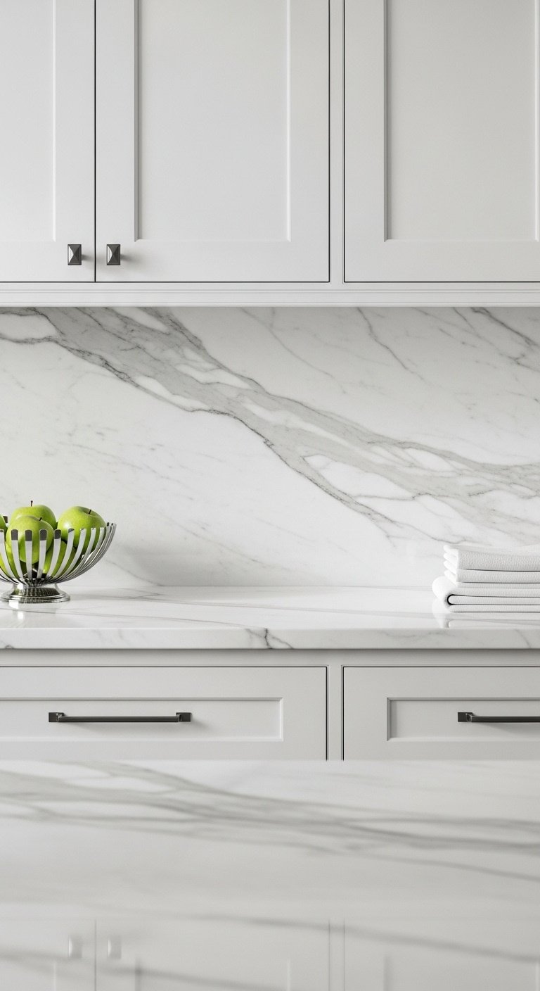 white marble backsplash gray veining countertop shaker cabinets silver fruit bowl green apples linen towels high resolution 8K