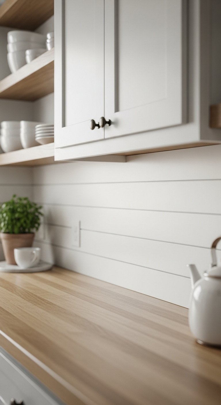 white shiplap backsplash light butcher block countertop vintage ceramic teapot potted herb soft greens high resolution 8K