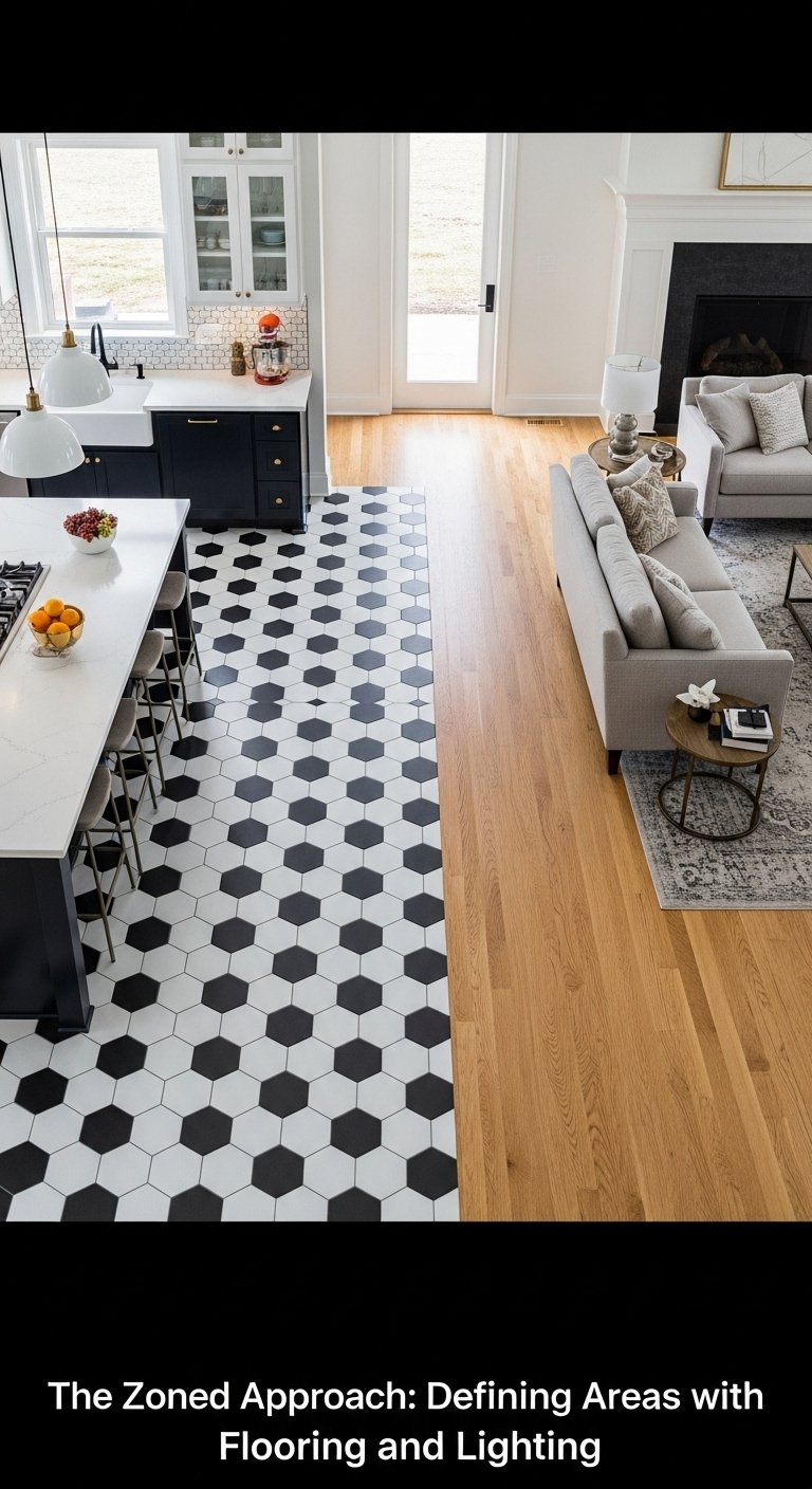 zoned approach flooring lighting black white oak transition kitchen living area cool warm lighting hexagonal tiles