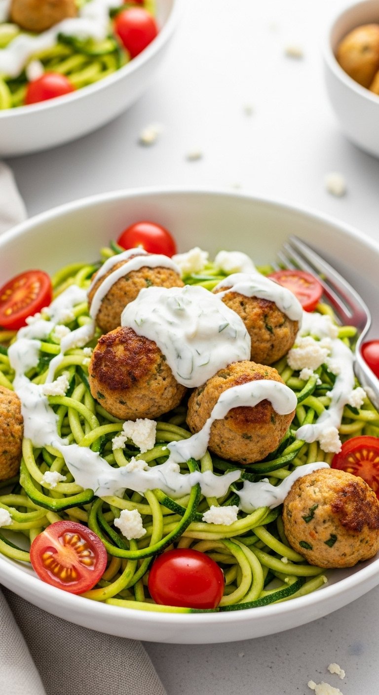 zucchini-noodles-with-turkey-meatballs-feta-tzatziki-cherry-tomatoes