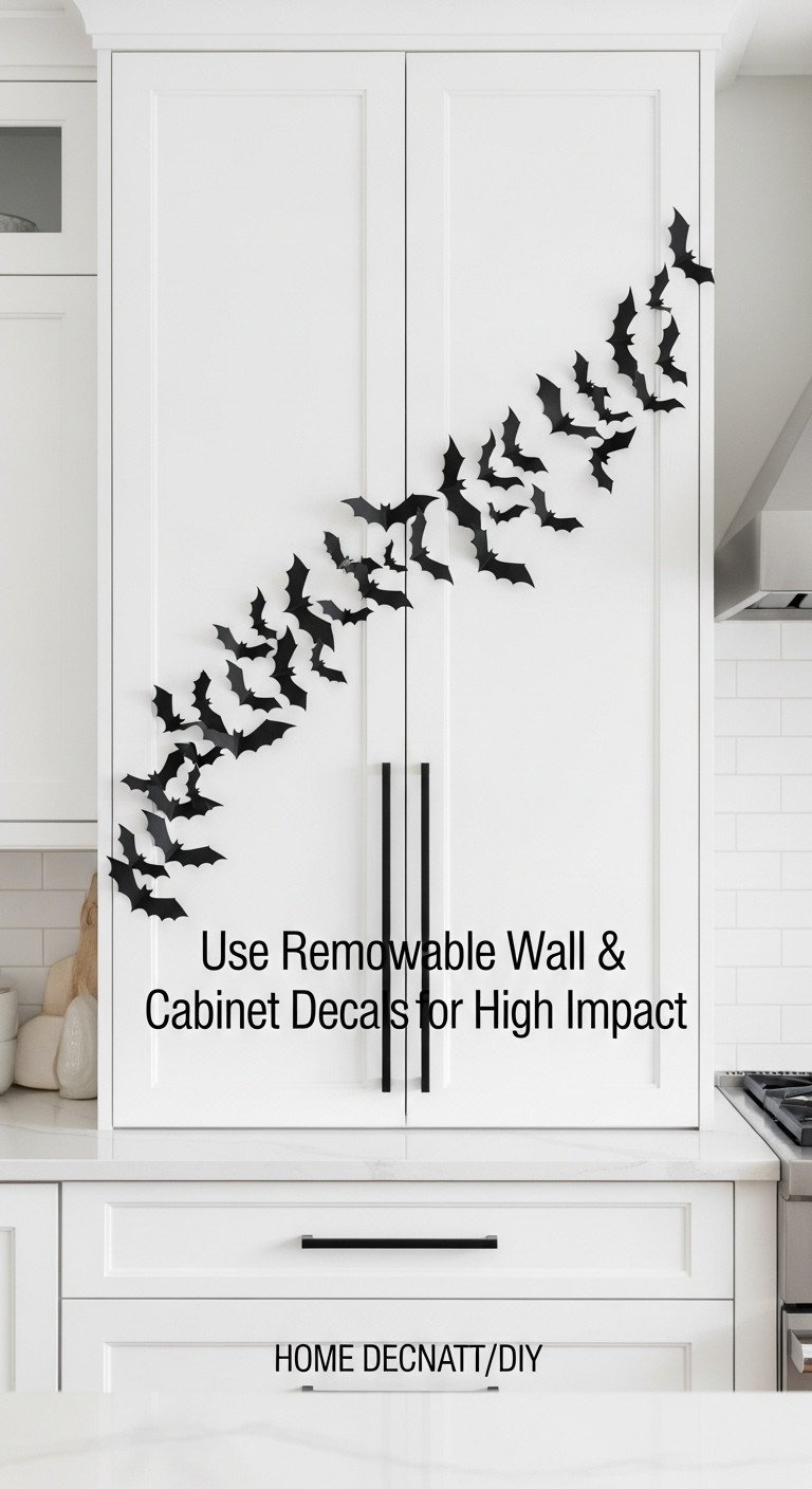 3D black paper bat decals flying across white kitchen cabinet doors minimalist Halloween decor