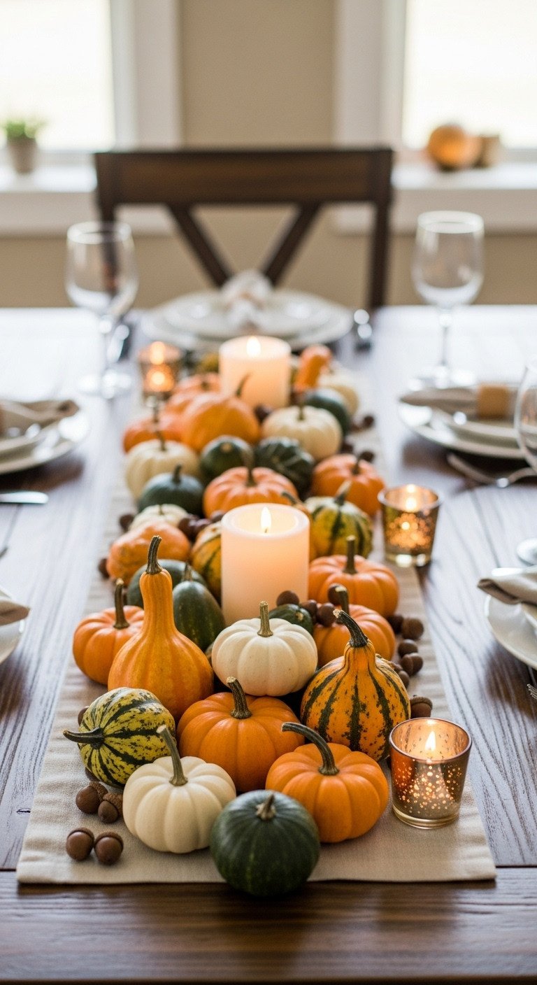 5-minute natural pumpkin and gourd centerpiece with mini pumpkins gourds and acorns on a rustic wooden table