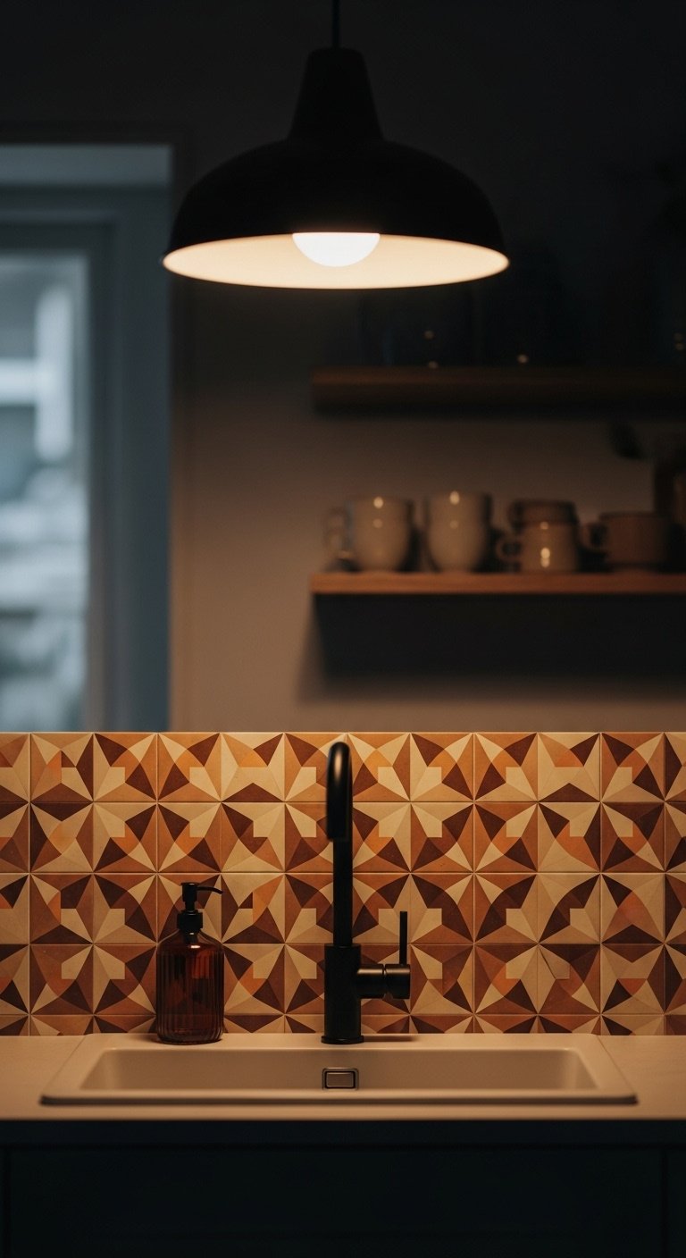 70s style kitchen backsplash with groovy geometric starflower pattern in orange brown and cream behind a matte black faucet
