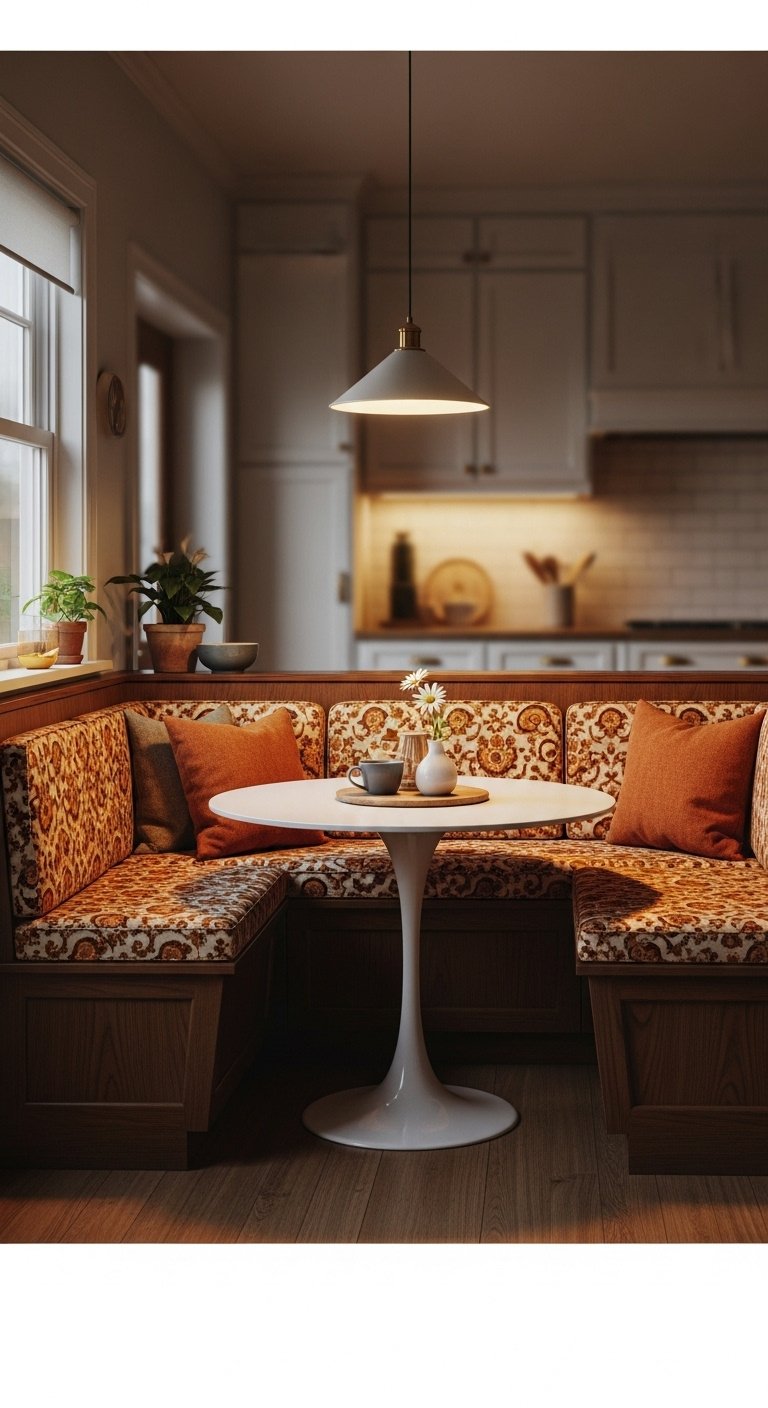 70s style kitchen breakfast nook with dark wood L-shaped bench orange and brown patterned cushions and a white tulip table