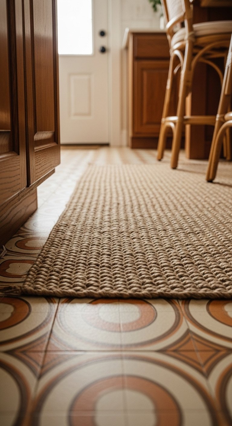 70s style kitchen floor with a textured jute runner on patterned linoleum blending textures and materials with dark wood cabinets