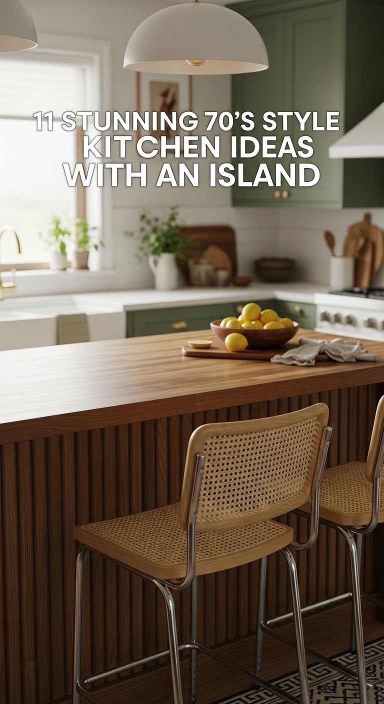 70s style kitchen island with butcher block countertop and retro cane bar stools with avocado green cabinets in the background