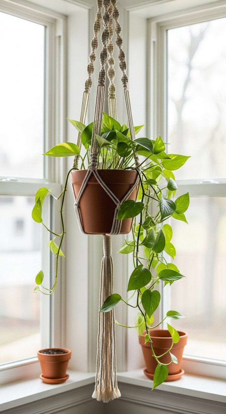 70s style kitchen with a boho chic macrame plant hanger holding a lush pothos plant near a sunlit window