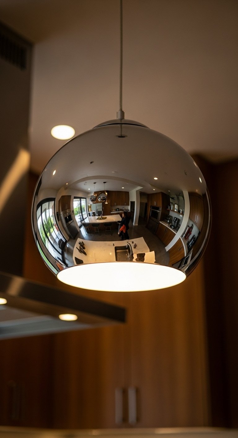 70s style kitchen with a large chrome globe pendant light reflecting a distorted view of the kitchen over a modern island