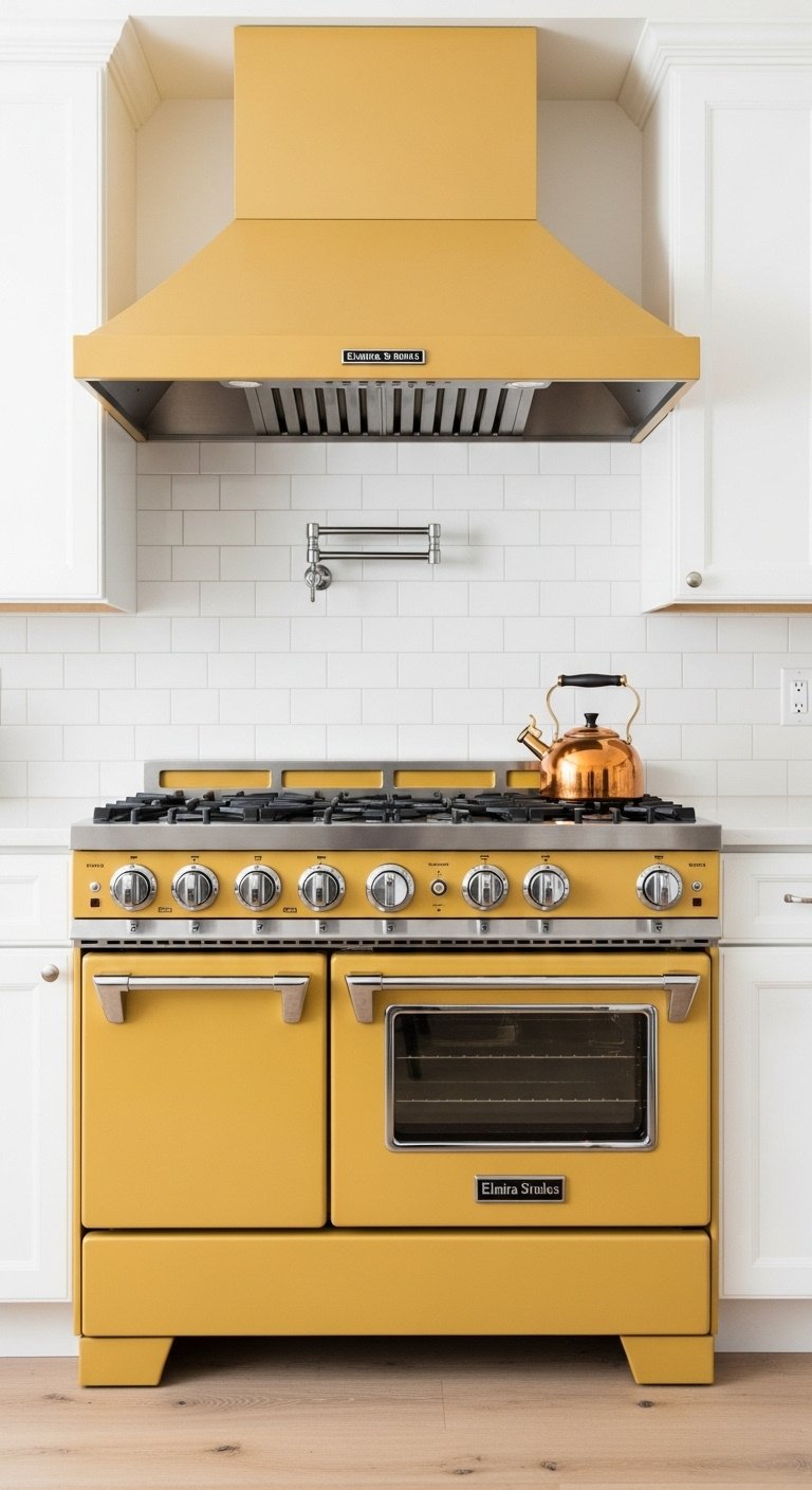 70s style kitchen with a vibrant harvest gold retro stove and range set between white shaker cabinets and a copper kettle