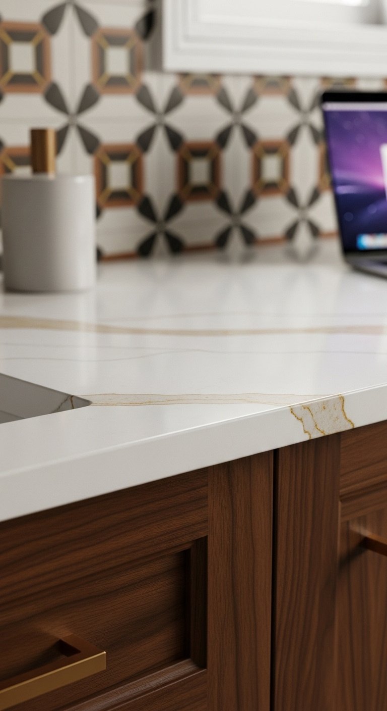 70s style kitchen with a white quartz countertop on dark walnut cabinets and a modern laptop integrating modern elements