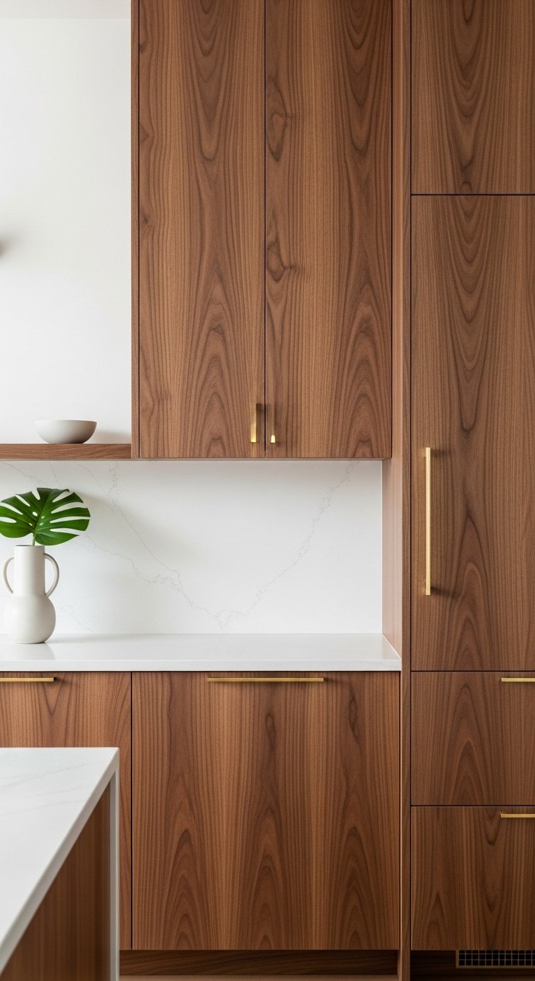 70s style kitchen with rich natural walnut flat panel cabinets brass hardware and a white quartz countertop with a ceramic vase