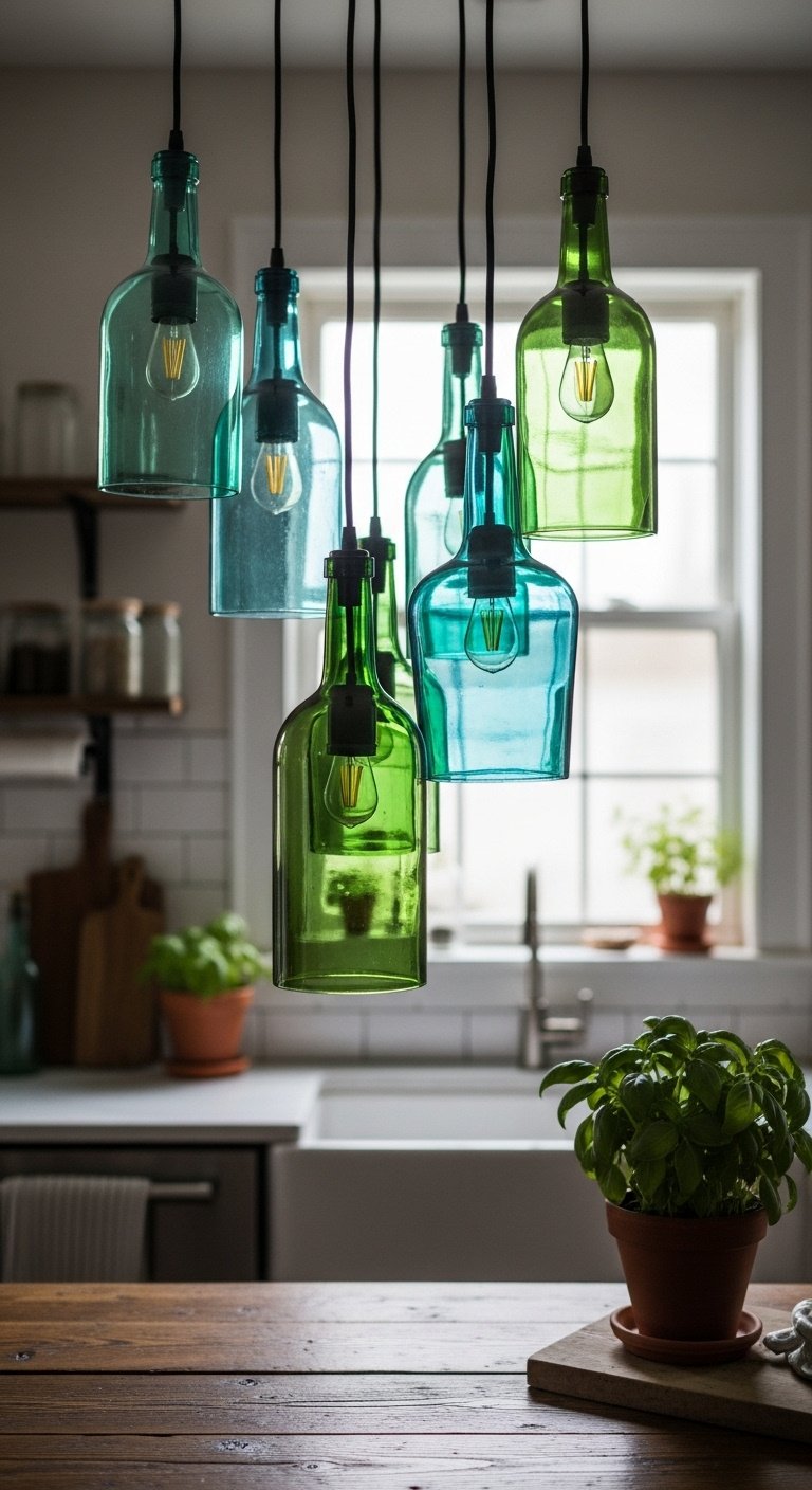 9 brilliant pendant lights over kitchen island with a focus on a sculptural black metal chandelier