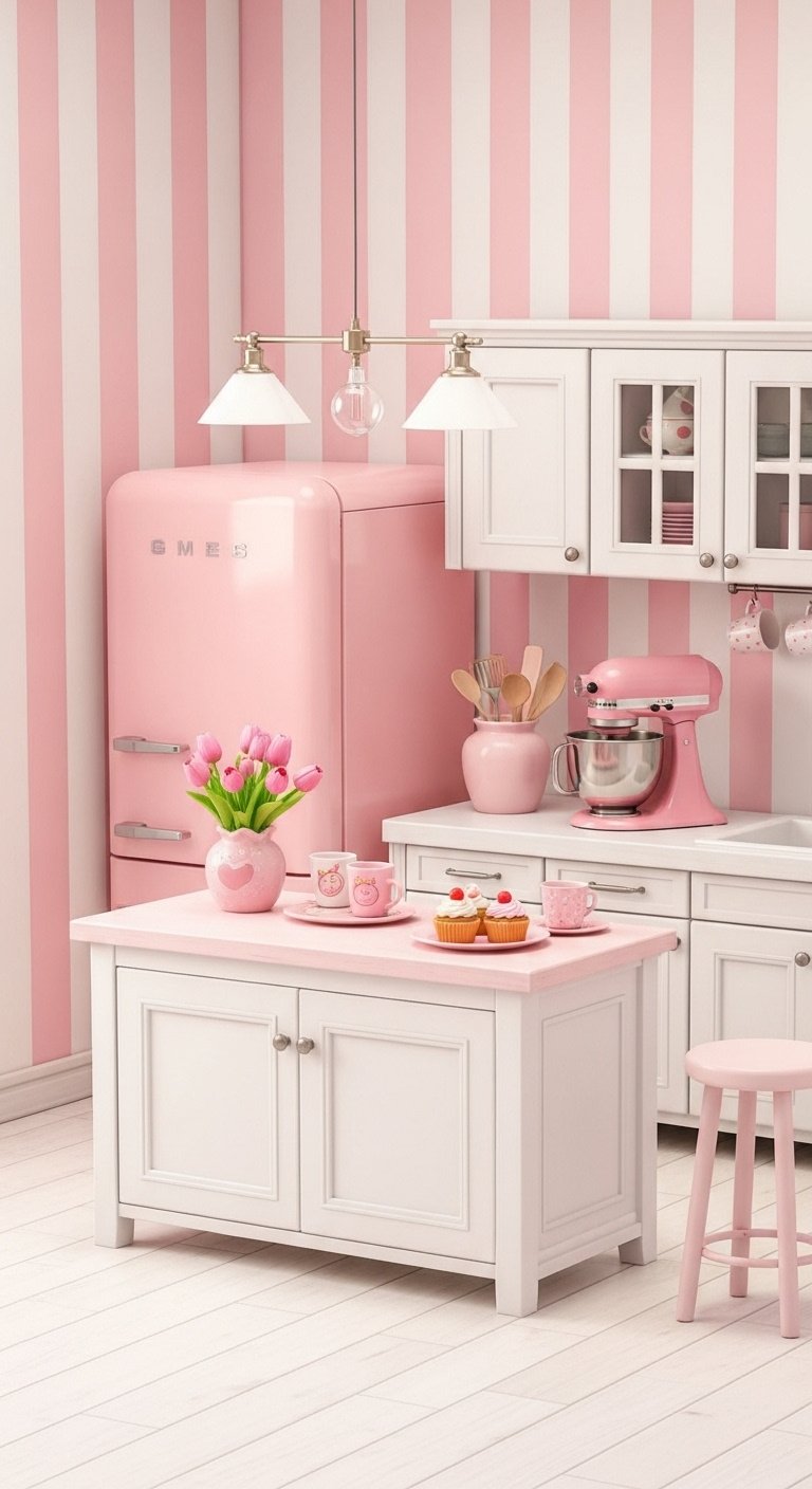 ACNH adorable pink kitchen with pink striped wall refrigerator stand mixer white island and white cabinets