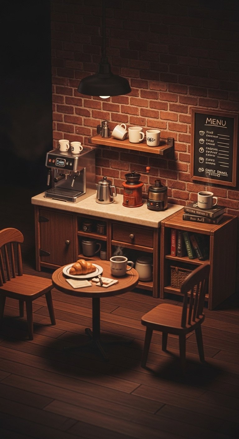 ACNH cozy café kitchen with espresso maker coffee bar small table chairs and menu chalkboard on brick wall