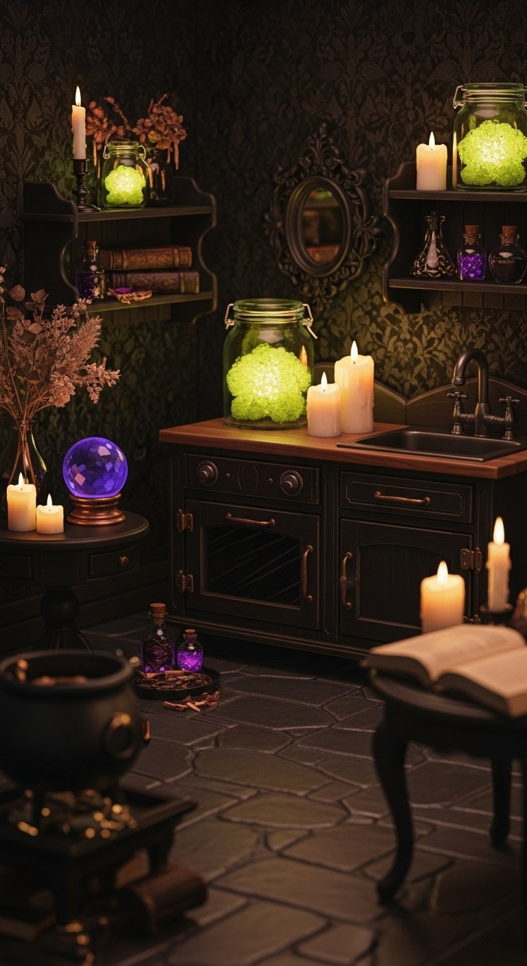 ACNH dark moody goth kitchen with black antique furniture dark wood Ironwood Kitchenette glowing moss jars and crystal ball