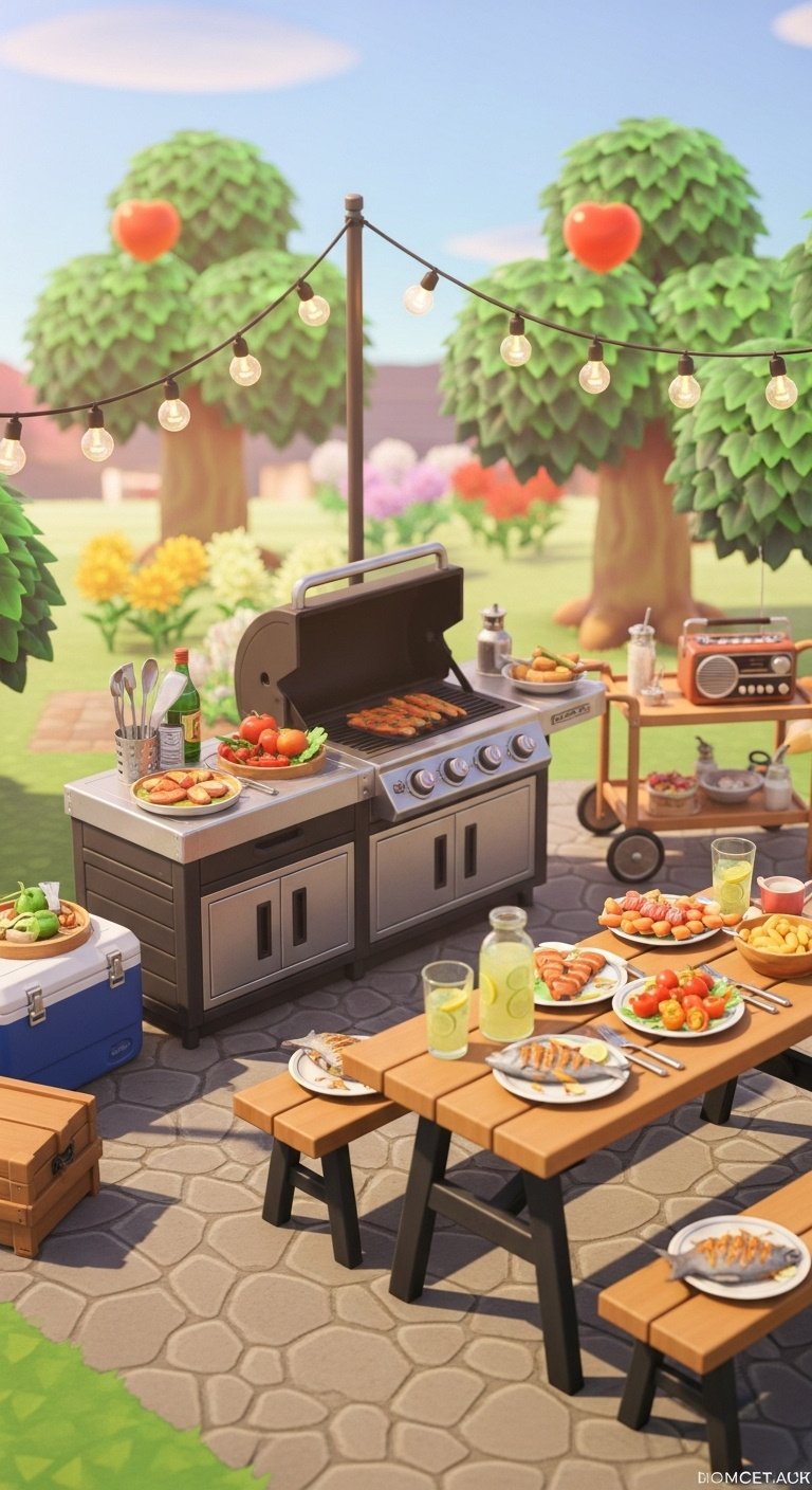 ACNH outdoor BBQ grill station with kitchen unit picnic table string lights serving cart and garden background