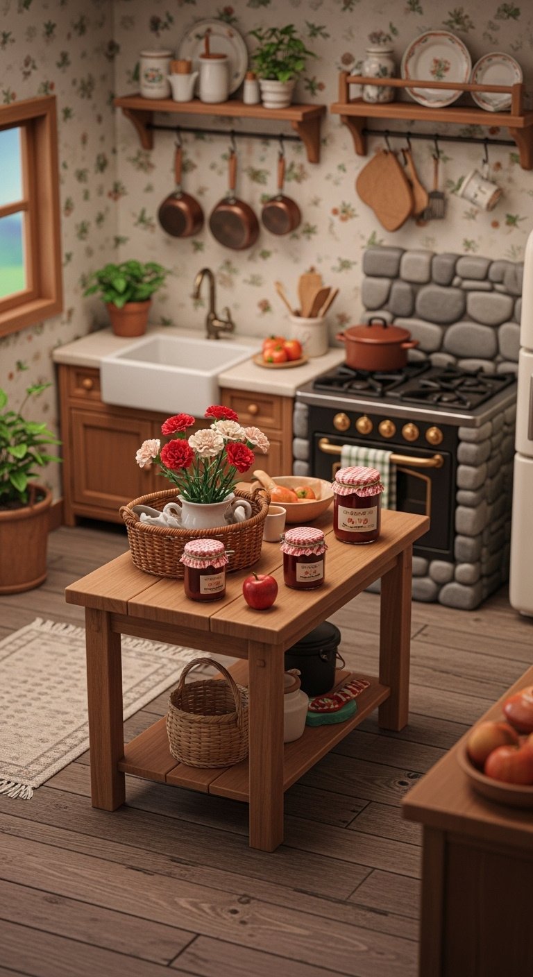ACNH rustic farmhouse kitchen with oak ironwood kitchenette stonework stove wooden island with flowers and jam on wood floor
