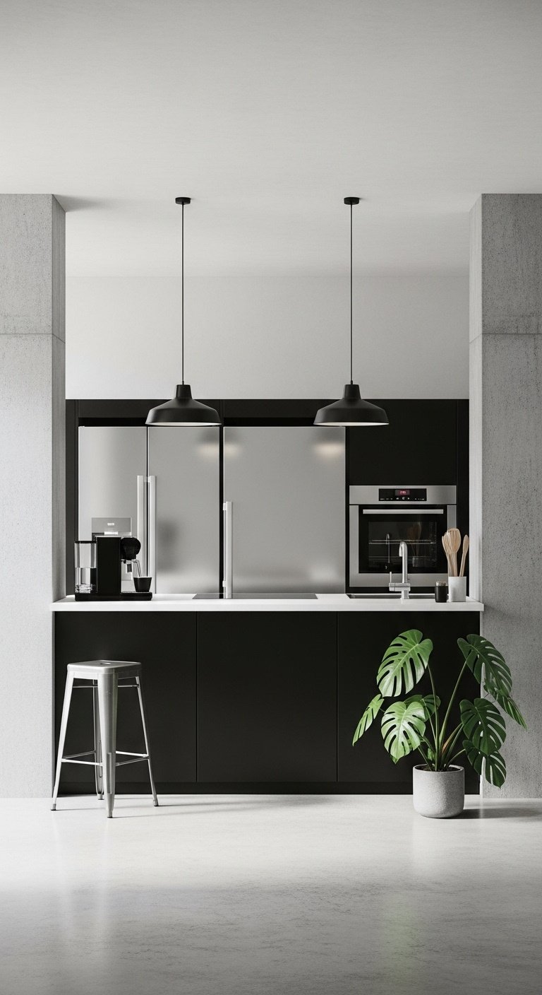 ACNH sleek modern minimalist kitchen with system kitchen silver appliances concrete pillars and single potted plant