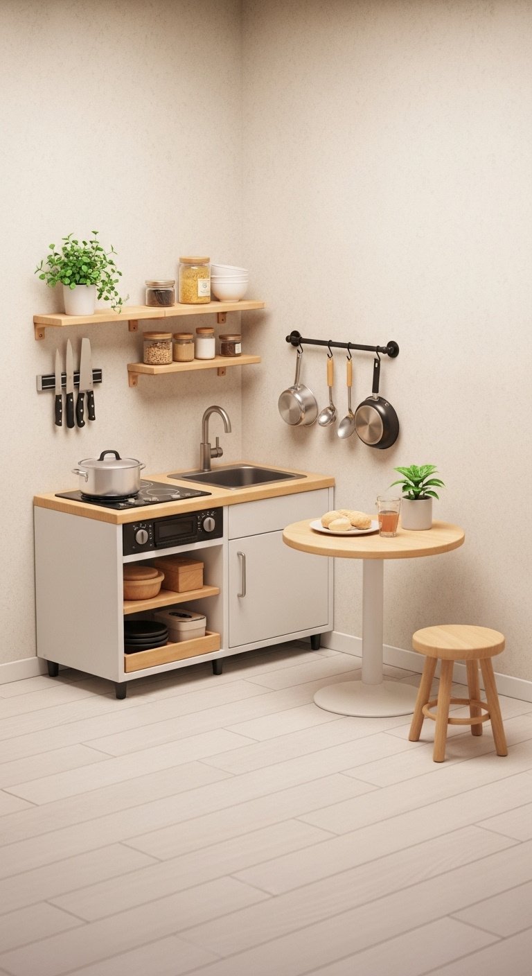 ACNH small 6x6 kitchen with Compact Kitchen wall shelves small round table and single stool in bright natural light
