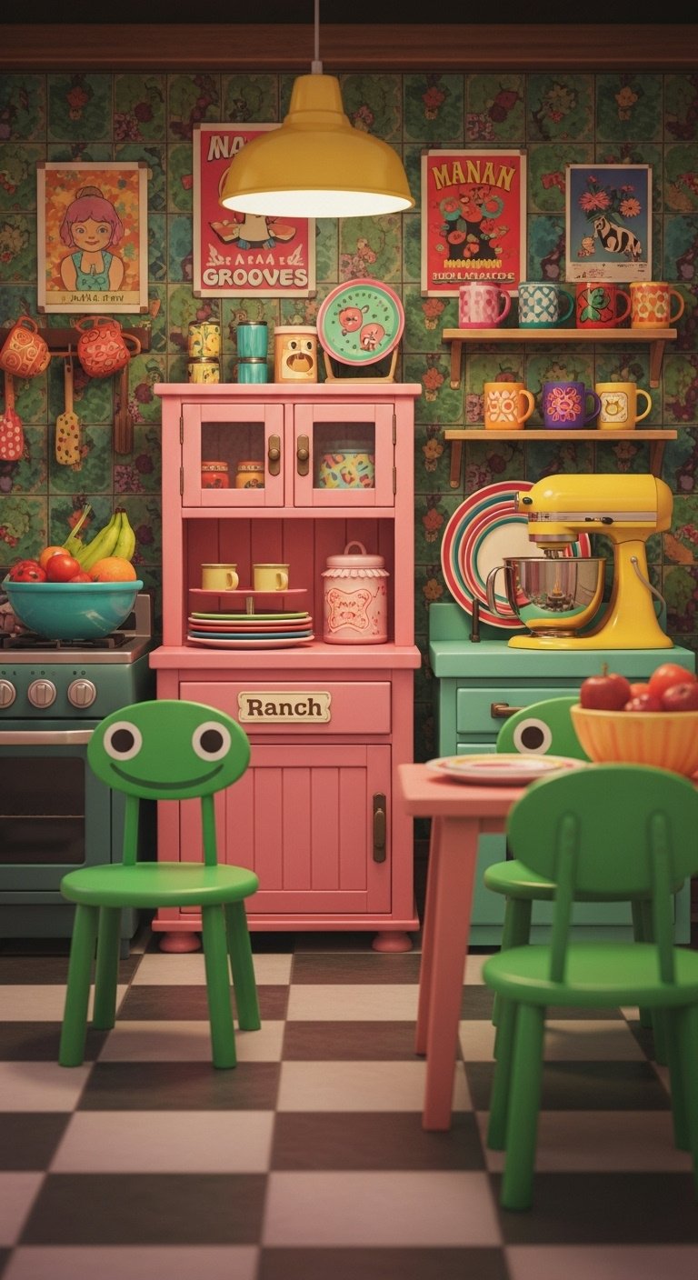 ACNH vibrant eclectic kitchen with pink Ranch Cupboard Groovy Wall green Froggy Chairs yellow stand mixer and colorful decor