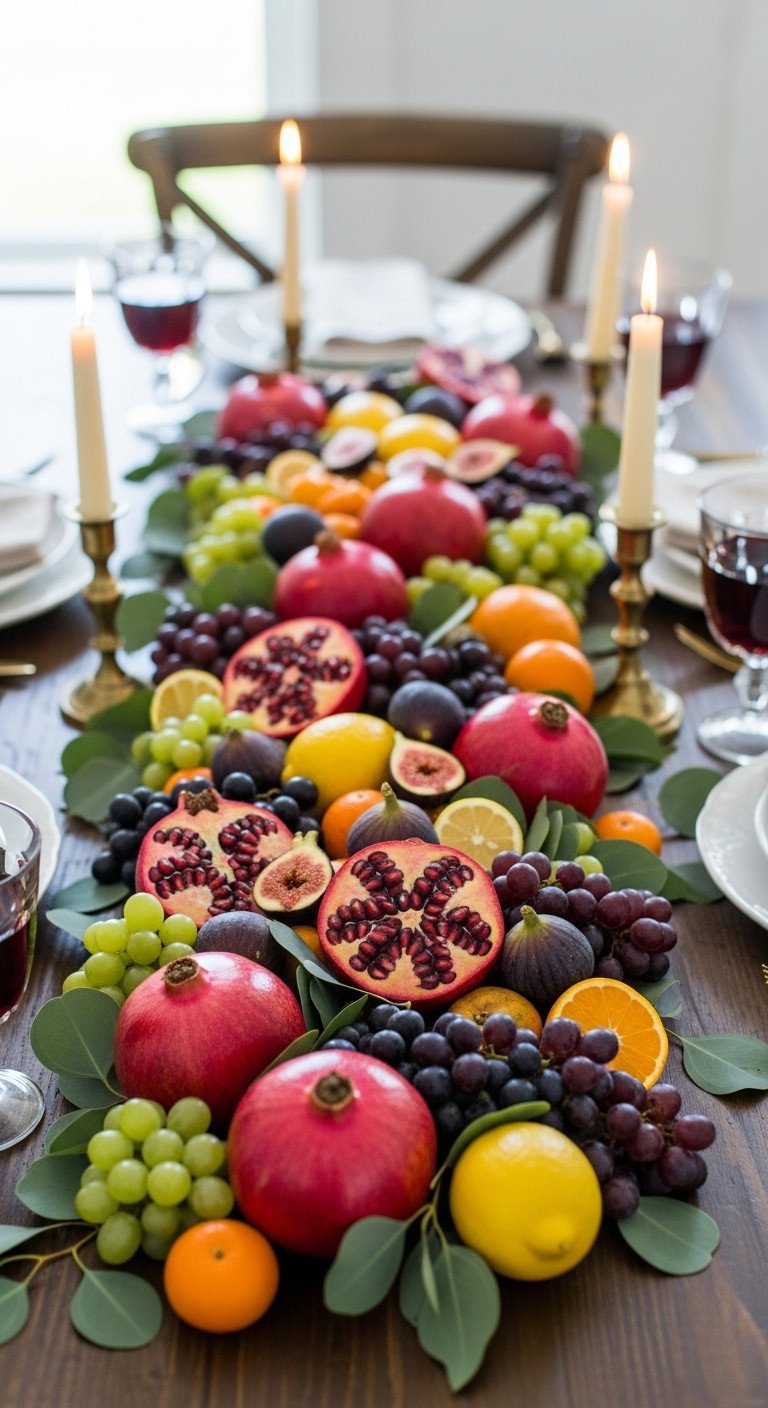 Abundant harvest fruit runner with pomegranates grapes figs oranges lemons eucalyptus leaves and gourds on rustic wooden table
